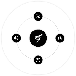 Circle with Arch logo in the center, social media logos hovering around.